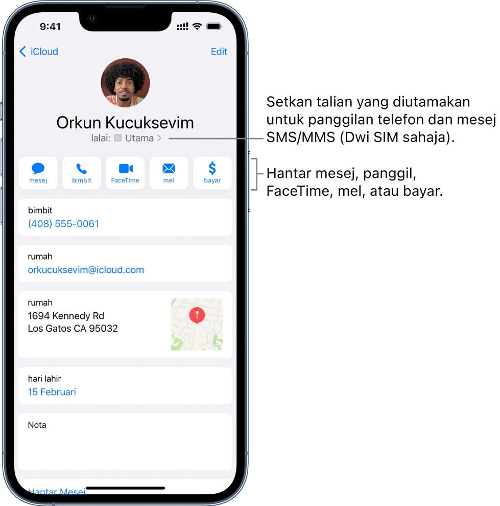 Skrin info untuk kenalan. Di bahagian atas ialah foto dan nama kenalan. Di bawah ialah butang untuk menghantar mesej, membuat panggilan telefon, membuat panggilan FaceTime, menghantar mesej e-mel dan menghantar wang dengan Apple Pay. Di bawah butang ialah maklumat kenalan.