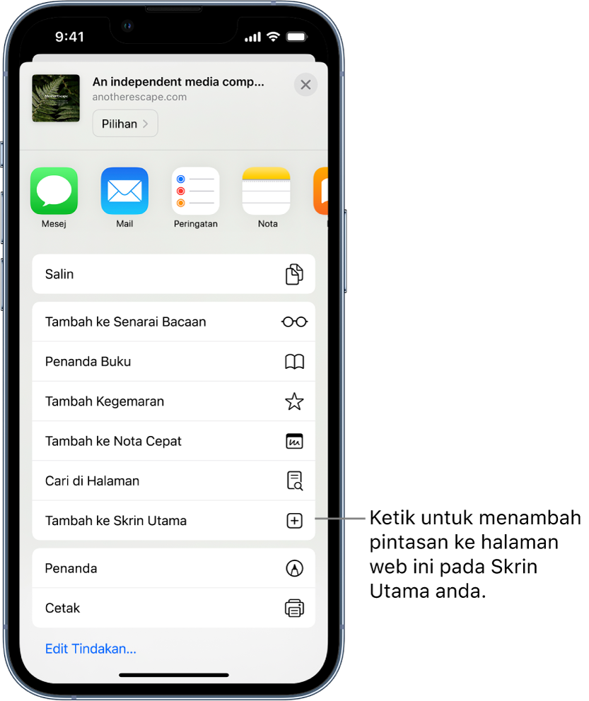 Dalam Safari, butang Kongsi pada tapak web telah diketik, memaparkan senarai pilihan. Berdekatan bahagian bawah skrin ialah pilihan Tambah ke Skrin Utama. Ketik untuk menambah pintasan ke tapak web ini pada Skrin Utama anda.