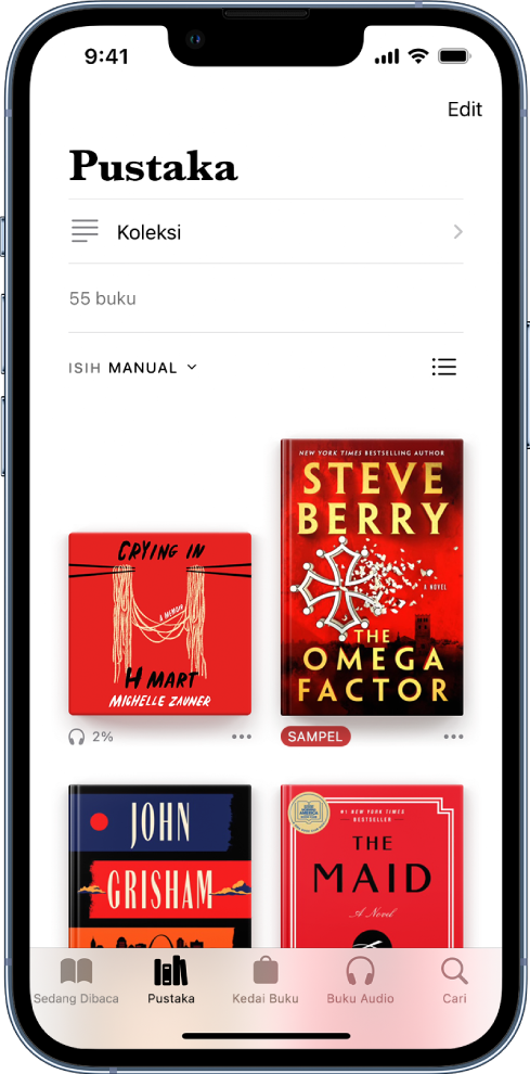 Skrin Pustaka dalam app Buku. Di bahagian atas skrin ialah butang Koleksi dan pilihan pengisihan. Pilihan isih Secara Manual dipilih. Di bahagian tengah skrin ialah kulit buku dalam pustaka. Di bahagian bawah skrin ialah, dari kiri ke kanan, tab Sedang Dibaca, Pustaka, Kedai Buku, Buku Audio dan Cari.
