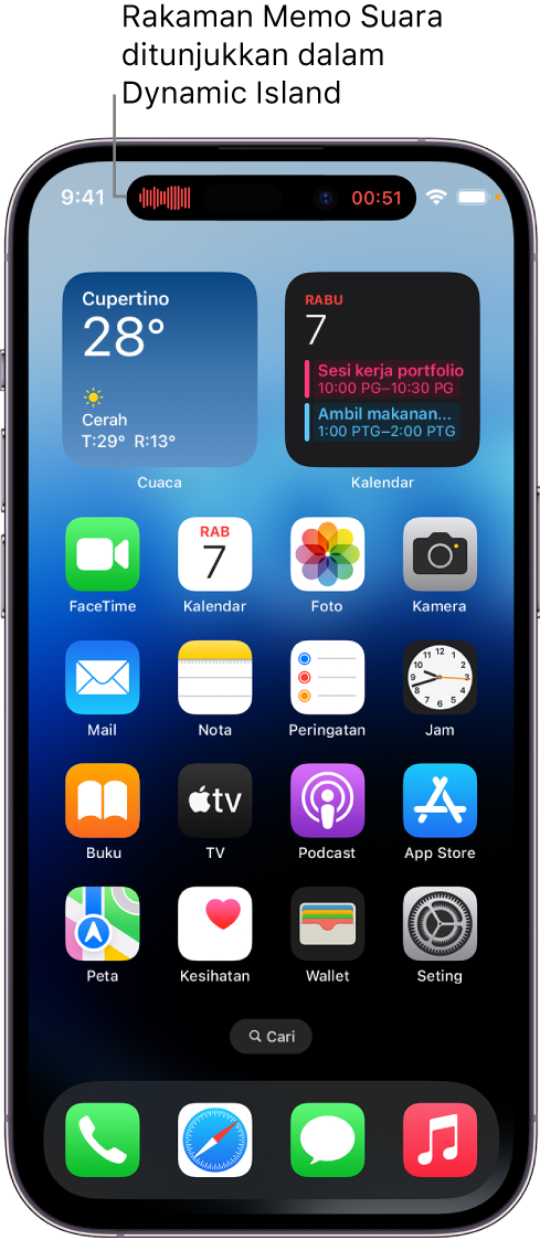 Skrin Utama iPhone 14 Pro, menunjukkan rakaman Memo Suara dalam Dynamic Island.