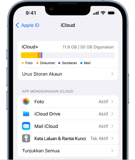 Skrin seting iCloud menunjukkan meter storan iCloud dan senarai app dan ciri, termasuk Foto, iCloud Drive dan Mail iCloud yang boleh digunakan dengan iCloud.