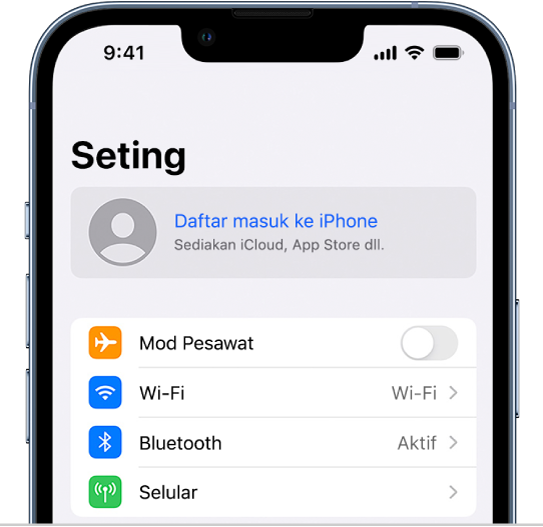 Skrin Seting, dengan Daftar masuk ke iPhone anda dipilih.