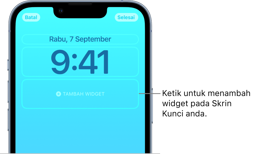 Skrin Kunci tersuai sedang dicipta. Unsur yang tersedia untuk penyesuaian dipilih—tarikh, masa dan butang untuk menambah widget.