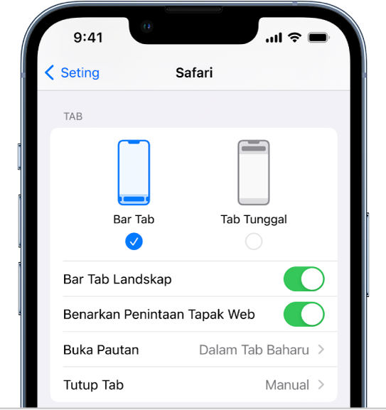 Skrin menunjukkan dua pilihan tataletak Safari: Bar Tab dan Tab Tunggal.