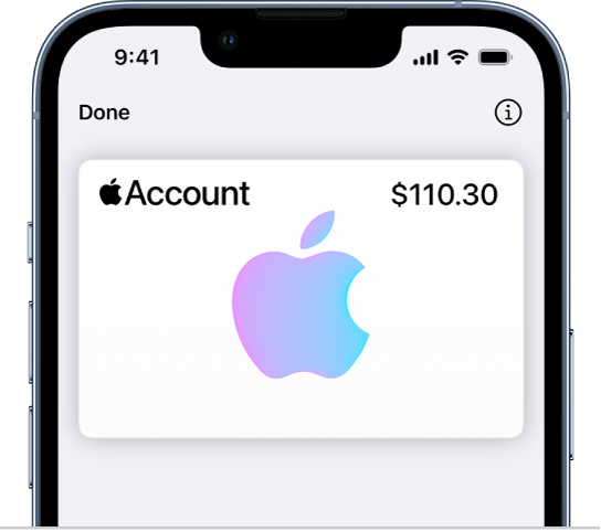 ညာဘက် ထိပ်ထောင့်တွင် အကောင့်လက်ကျန်ငွေပြထားသည့် Wallet ထဲရှိ Apple Account Card။