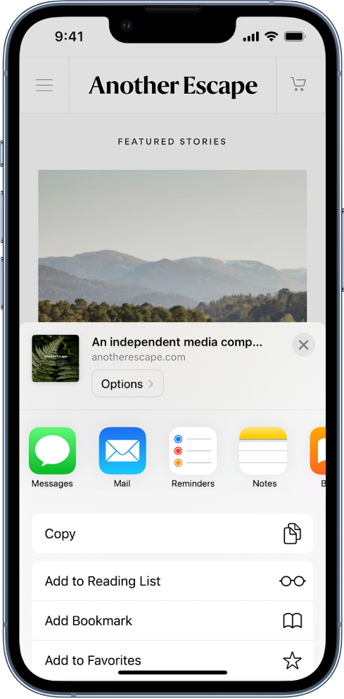Safari တွင် ဝက်ဘ်စာမျက်နှာတစ်ခုပေါ်ရှိ Share ခလုတ်ကို နှိပ်ထားပြီး ဖြစ်ပြီး လင့်ခ် ကို မျှဝေရာတွင် အသုံးပြုနိုင်သော အက်ပ်များကို ဖော်ပြထားသည်။ အက်ပ်သင်္ကေတများအောက်တွင် Copy၊ Add to Reading List၊ Add Bookmark နှင့် Add to Favorites အပါအဝင် အခြားရွေးချယ်စရာများစာရင်းတစ်ခုရှိသည်။