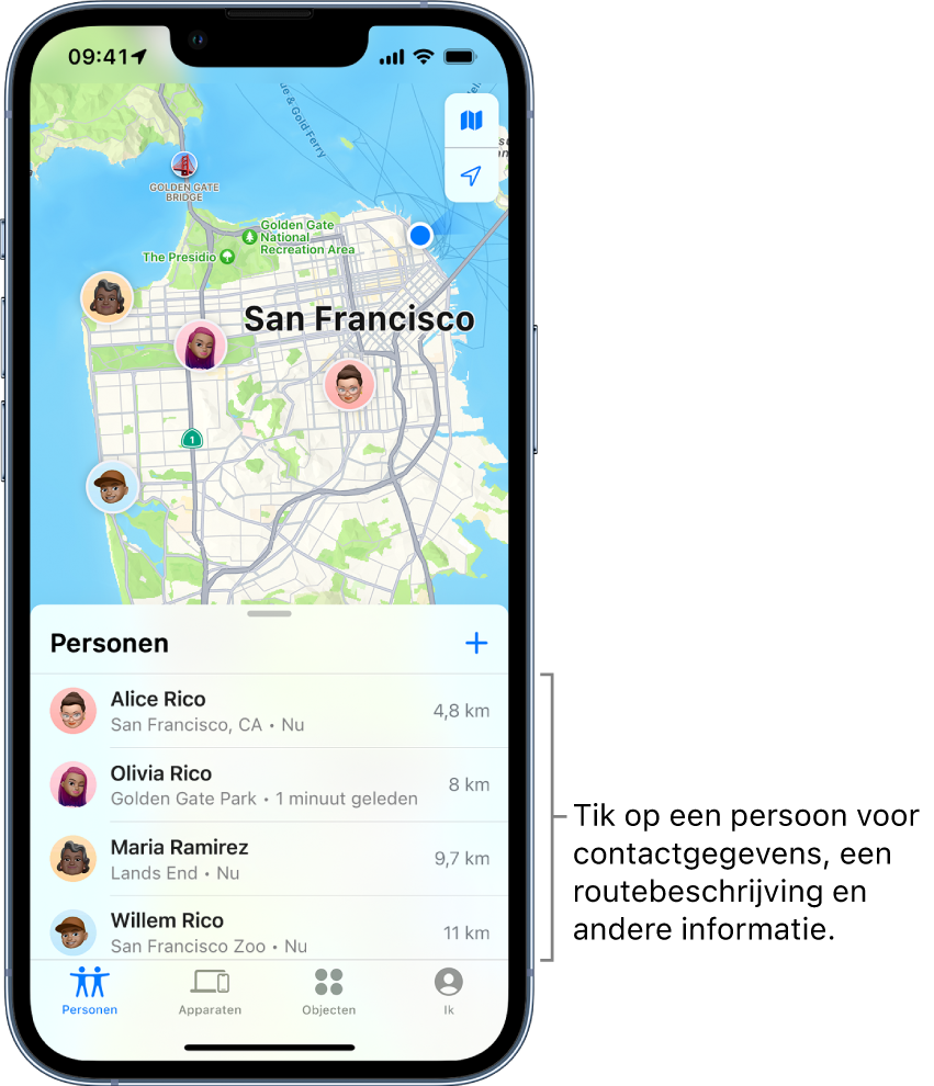 Het Zoek mijn-scherm waarin de lijst 'Personen' is geopend. Er staan vier personen in de lijst: Alice Rico, Olivia Rico, Dawn Ramirez en Willem Rico. Hun locaties worden op een kaart van San Francisco weergegeven.