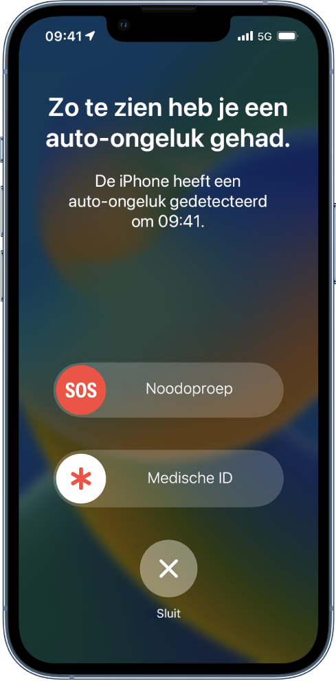Een iPhone-scherm met de melding dat er een ongeluk is gedetecteerd. Eronder staan de knoppen 'Noodoproep', 'Medische ID' en 'Sluit'.