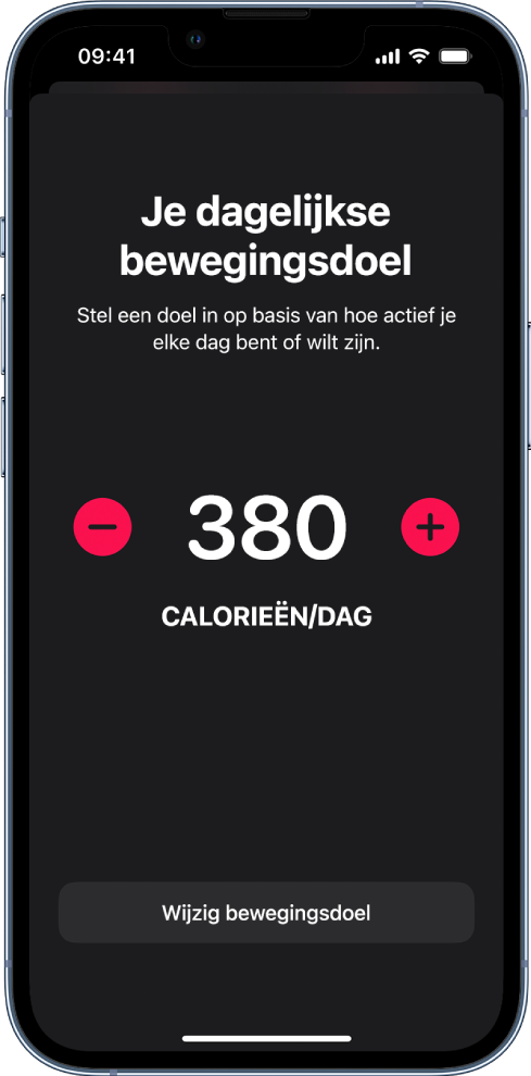 Het scherm 'Wijzig bewegingsdoel', met een bewegingsdoel en knoppen om het doel naar boven of beneden bij te stellen.