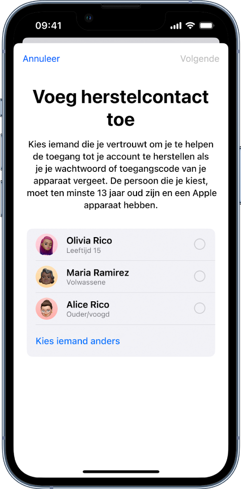 Het scherm 'Accountherstelcontact', met voorgestelde contactpersonen die als herstelcontact kunnen worden geselecteerd en de optie om iemand anders te kiezen.