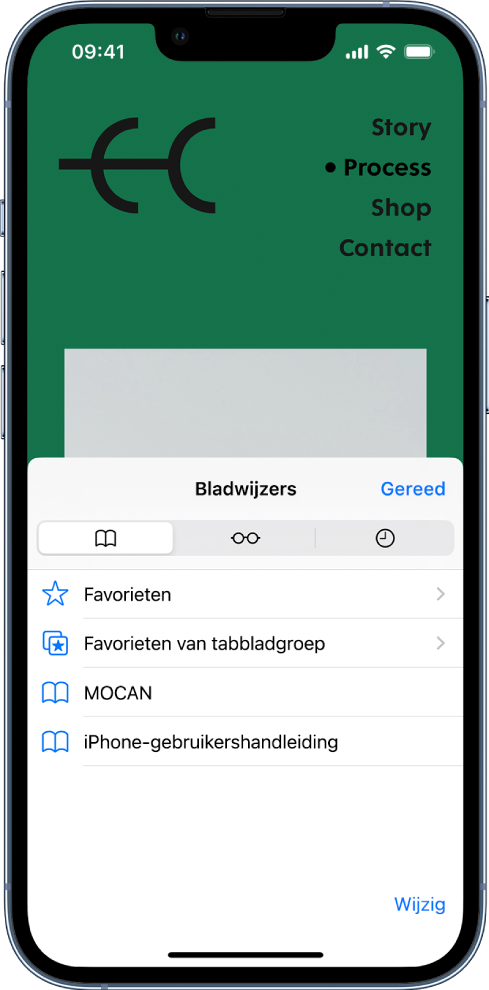 Het scherm 'Bladwijzers', met opties voor het weergeven van je bladwijzers, 'Favorieten', 'Favorieten van tabbladgroep', de leeslijst en je browsergeschiedenis.