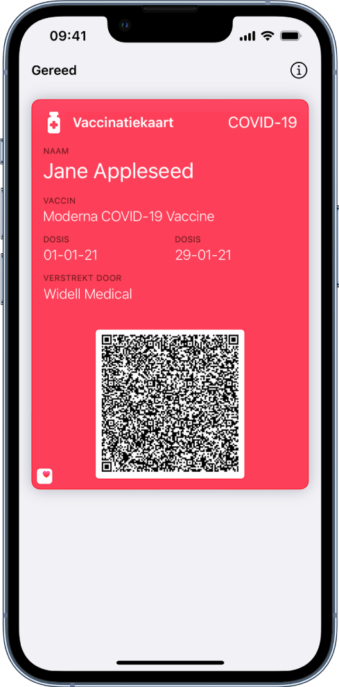 Een vaccinatiekaart in de Wallet-app.