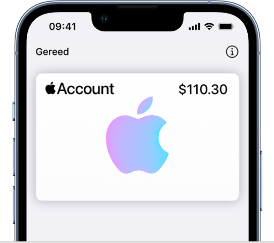 De Apple account-kaart in Wallet, met rechtsbovenin het saldo.