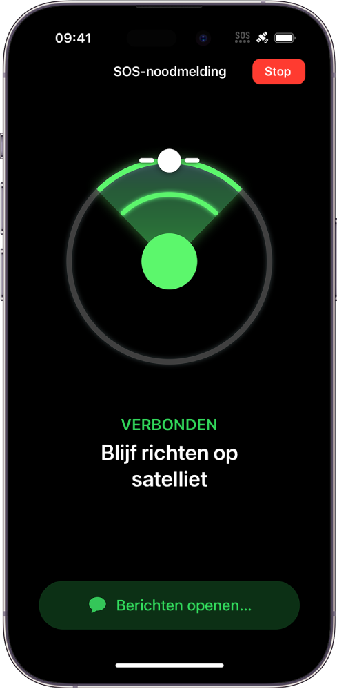 Een scherm van SOS-noodmelding met een illustratie die aangeeft dat de gebruiker de iPhone op een satelliet moet richten. Daaronder staat een melding 'Berichten openen'.
