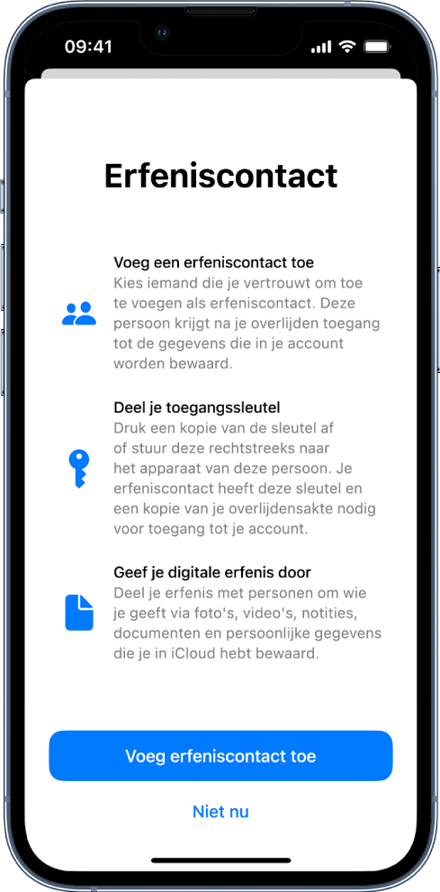 Het scherm 'Erfeniscontact' met informatie over de functie. Onderin zie je de knop 'Voeg erfeniscontact toe'.