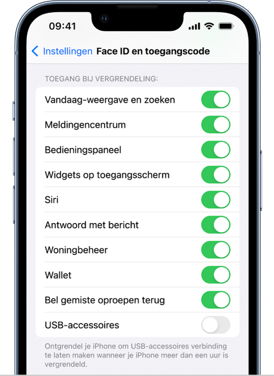 Het scherm van 'Face ID en toegangscode', met instellingen voor toegang tot specifieke functies wanneer de iPhone is vergrendeld.