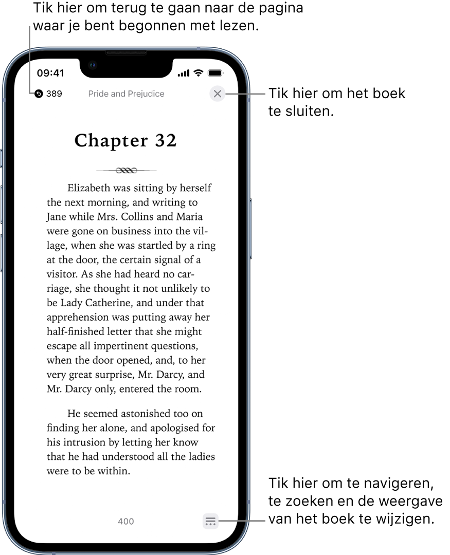 Een pagina van een boek in de Boeken-app. Boven in het scherm staan de knoppen waarmee je teruggaat naar de pagina waar je bent begonnen met lezen en waarmee je het boek sluit. Onder in het scherm is de menuknop te zien.