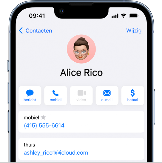 Een contactpersoonkaart in de Contacten-app.