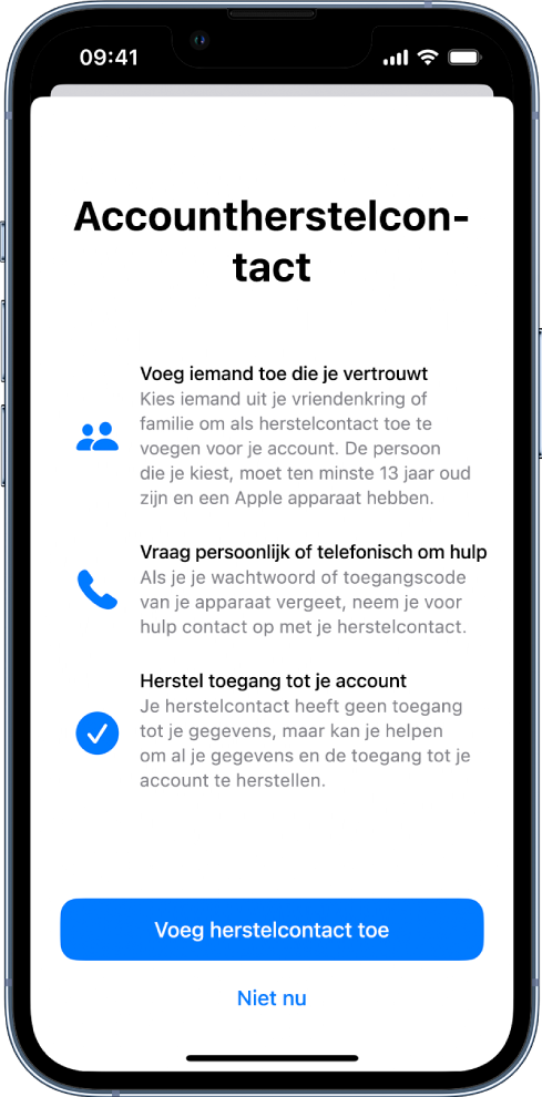Het scherm 'Accountherstelcontact' met informatie over de functie. Onderin zie je de knop 'Voeg herstelcontact toe'.