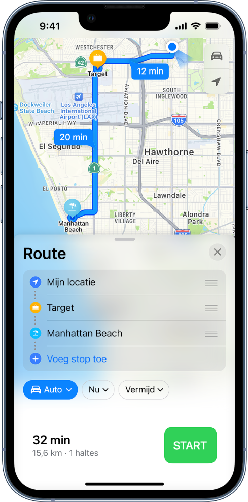 De Kaarten-app, met een routebeschrijving voor de auto met meerdere stops langs de route.