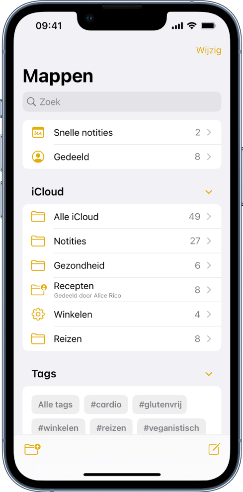 De lijst met mappen in de Notities-app met het zoekveld bovenaan.