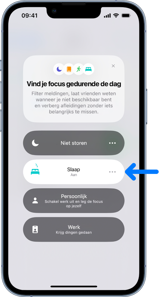 Het scherm 'Vind je focus gedurende de dag', met 'Slaap' ingeschakeld.