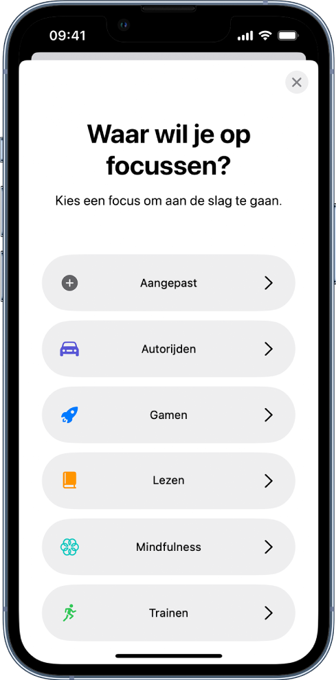 Het focusconfiguratiescherm voor een van de aanvullende kant-en-klare focusopties, waaronder 'Aangepast', 'Autorijden', 'Trainen', 'Gamen', 'Mindfulness' en 'Lezen'.