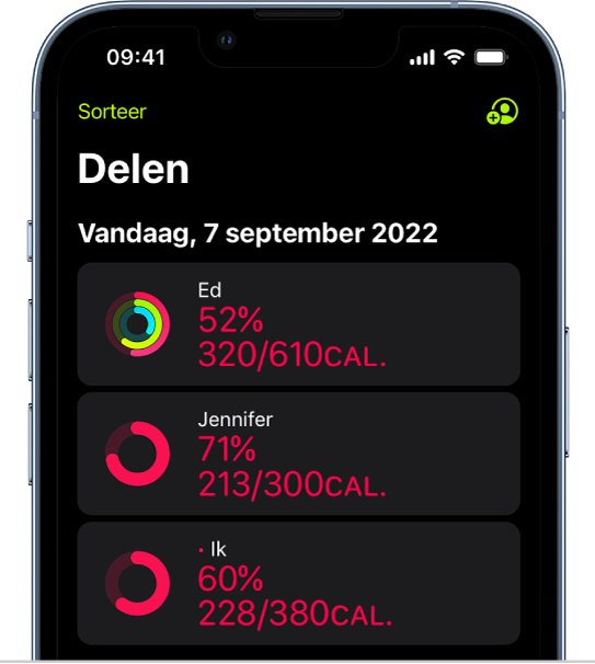 Het scherm 'Delen' in Conditie, waarin de bewegingsringen en activiteitoverzichten van de gebruiker met vrienden worden gedeeld.