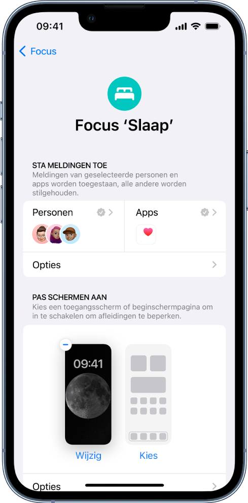 Het scherm 'Slaapfocus', met drie mensen en één app die je meldingen mogen sturen.