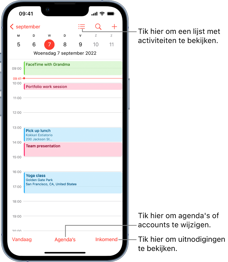 Een agenda in de dagweergave met de activiteiten van een dag. Tik op de knop 'Agenda's' onder in het scherm om te schakelen tussen agenda-accounts. Met de knop 'Inkomend' rechtsonderin kun je uitnodigingen bekijken.