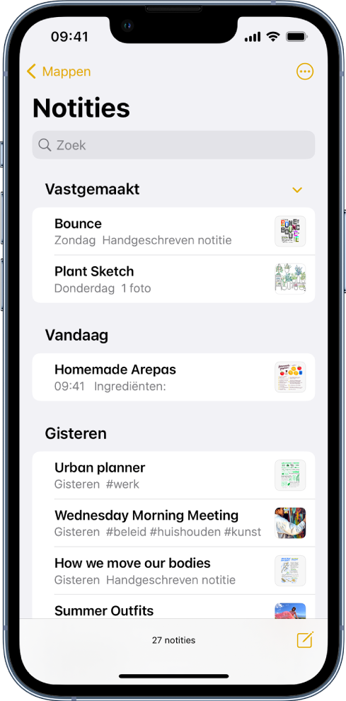 De lijst met notities met het zoekveld bovenaan.