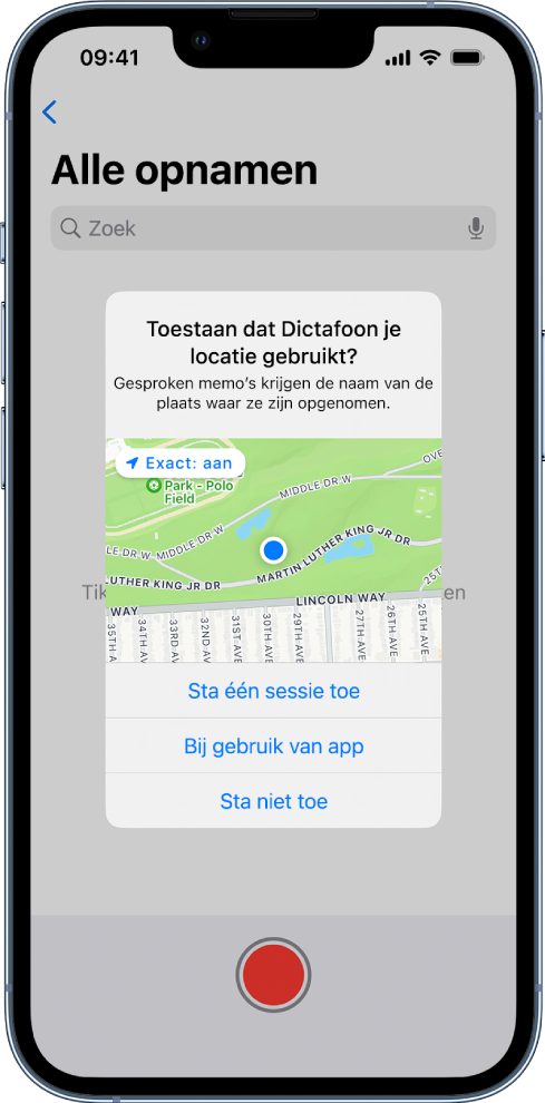 Een verzoek van een app om locatiegegevens op de iPhone te mogen gebruiken. De opties zijn 'Sta één sessie toe', 'Bij gebruik van app' en 'Sta niet toe'.