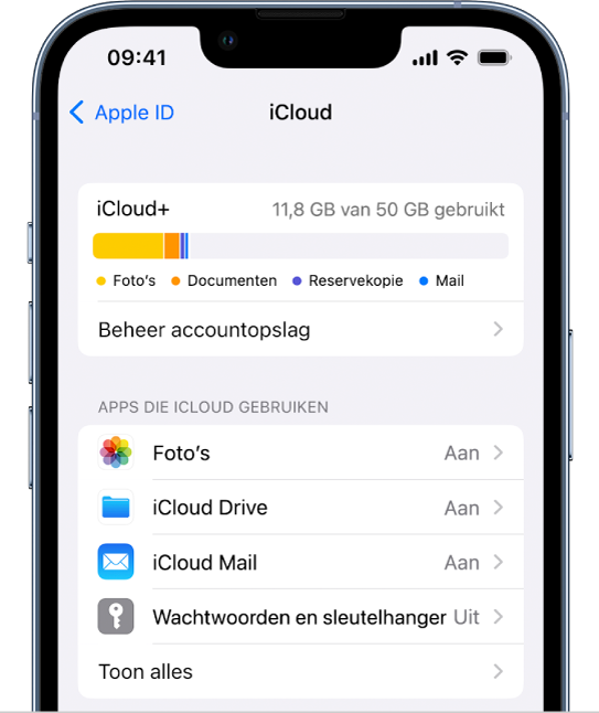 Het scherm met iCloud-instellingen. Je ziet de iCloud-opslagmeter en een lijst met apps en voorzieningen, zoals Foto's, iCloud Drive en iCloud Mail, die met iCloud kunnen worden gebruikt.