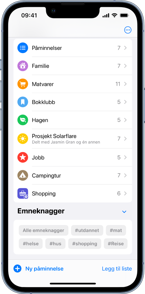 En skjerm med flere lister i Påminnelser. Emneknaggviseren vises nederst.