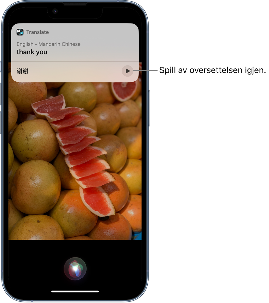 Siri viser en oversettelse av det engelske uttrykket «thank you» til mandarin. En knapp nedenfor oversettelsen spiller av lyden på oversettelsen igjen.