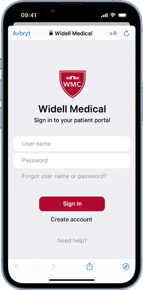En skjerm for pasientpålogging for en medisinsk organisasjon på iPhone.