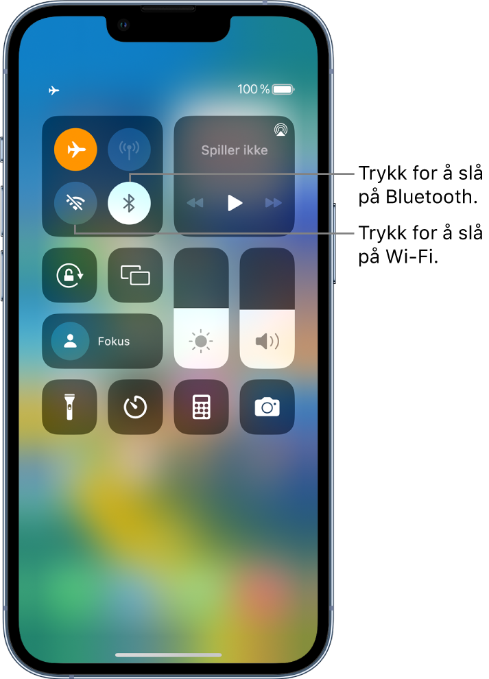 Kontrollsenter med flymodus på. Knappene for å slå på Wi‑Fi og Bluetooth vises nær toppen av skjermen til venstre i Kontrollsenter.