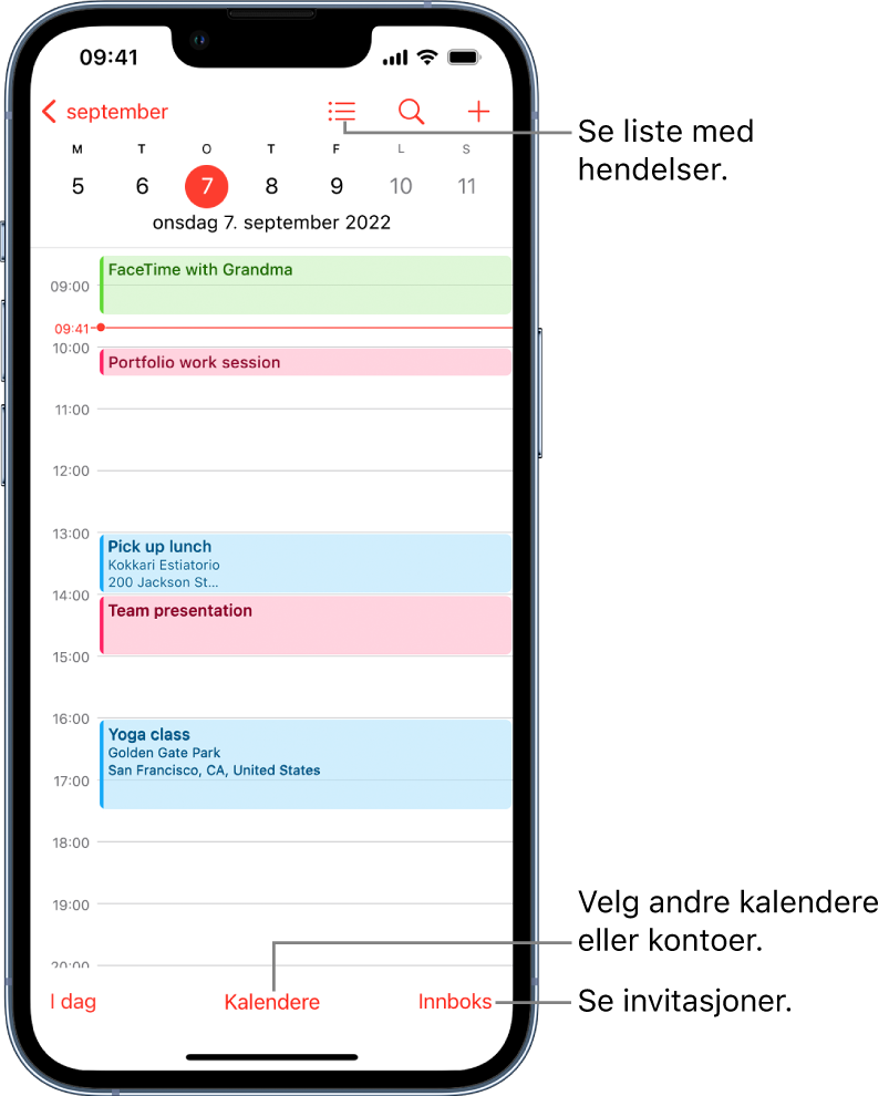 En kalender i dagsvisning som viser dagens hendelser. Du kan bytte kalenderkontoer ved hjelp av Kalendere-knappen nederst på skjermen. Med Innboks-knappen nede til høyre kan du se invitasjoner.