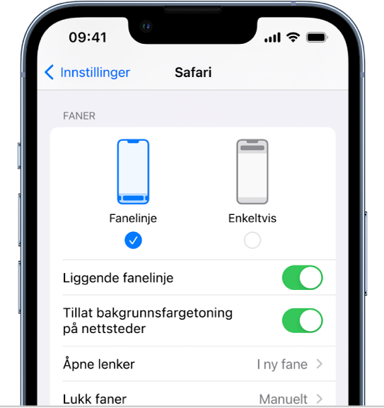 En skjerm som viser to Safari-layoutalternativer: Fanelinje og Én fane.