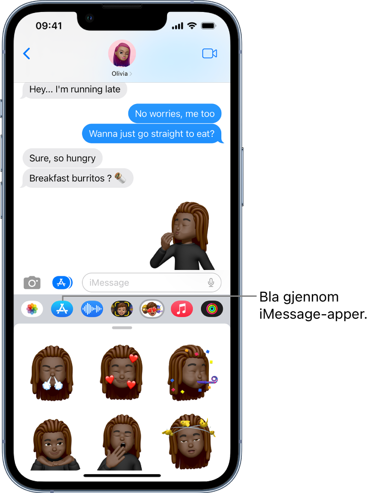 En Meldinger-samtale med Memoji iMessage-appsymbolet markert, og Memoji-klistremerker nederst på skjermen.