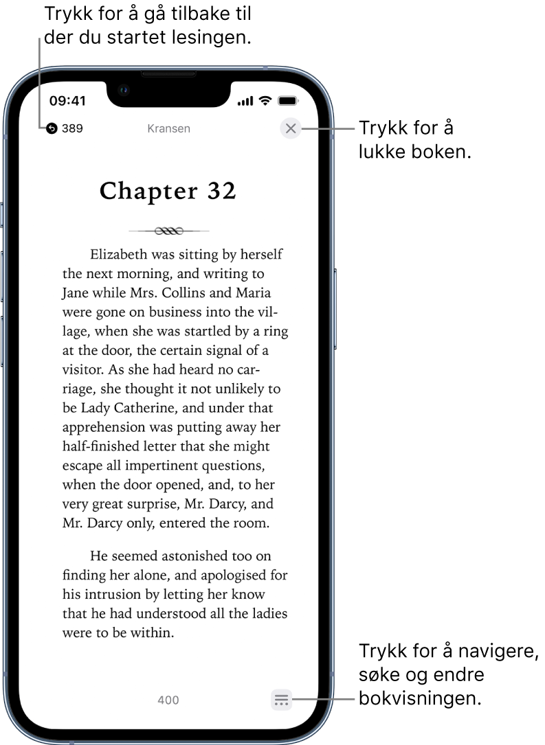 En bokside i Bøker-appen Øverst på skjermen vises knappene for å gå tilbake til siden du begynte å lese på og for å lukke boken. Meny-knappen vises nederst til høyre på skjermen.