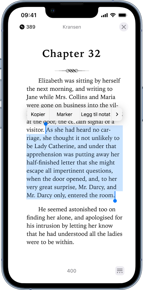 En bokside i Bøker-appen med en del av sidens tekst markert. Kopier-, Marker- og Legg til notat-kontrollene er over den markerte teksten.