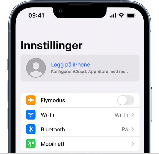 Innstillinger-skjermen, med Logg på iPhone markert.