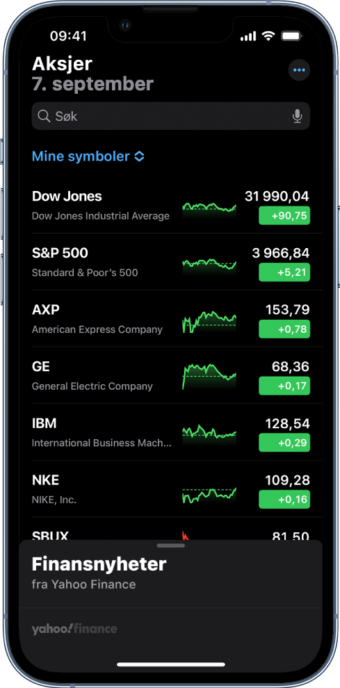En overvåkningsliste som viser en liste med forskjellige aksjer. Hver aksje i listen viser, fra venstre til høyre, aksjesymbolet og -navnet, en ytelseskurve, aksjeprisen og prisendringen. Øverst på skjermen over Mine symboler-listen vises søkefeltet. Nederst på skjermen vises Finansnyheter. Sveip opp på Finansnyheter for å vise saker.