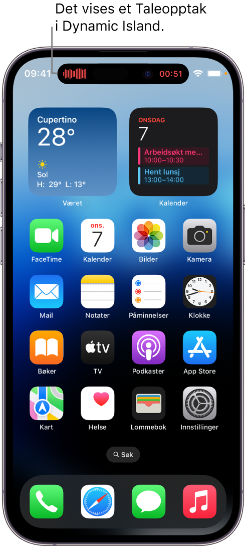 Hjem-skjermen på iPhone 14 Pro, som viser et taleopptak i Dynamic Island.