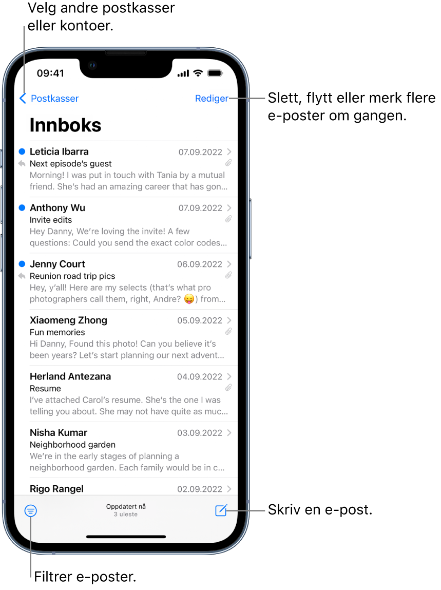 Innboksen, som viser en liste med e-poster. Postkasser-knappen for å bytte til en annen postkasse er øverst til venstre. Rediger-knappen for å slette, flytte eller merke e-poster er øverst til høyre. Knappen for å filtrere e-poster for å vise kun bestemte typer e-poster er nederst til venstre. Knappen for å skrive en ny e-post er nederst til høyre.