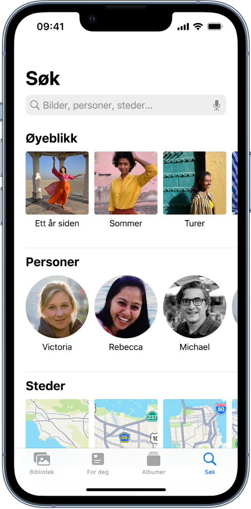 Søk-knappen er markert nederst i Bilder-appen. Søkefeltet vises øverst på skjermen. Fra øverst til nederst viser resten av skjermen Øyeblikk, Personer og Steder.