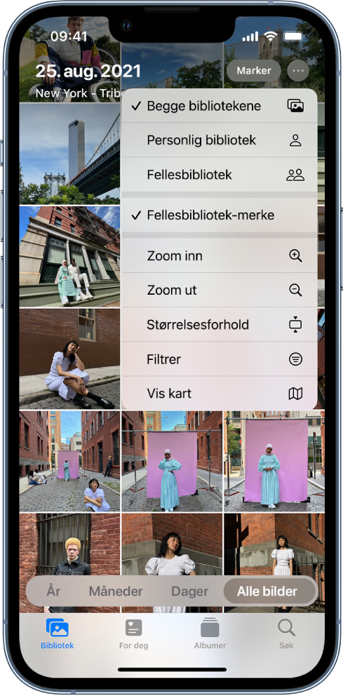 Bilder-appen som viser et bildebibliotek. Mer-knappen øverst på skjermen er markert, og Begge bibliotekene og Fellesbibliotek-merke er markert med hakemerker.