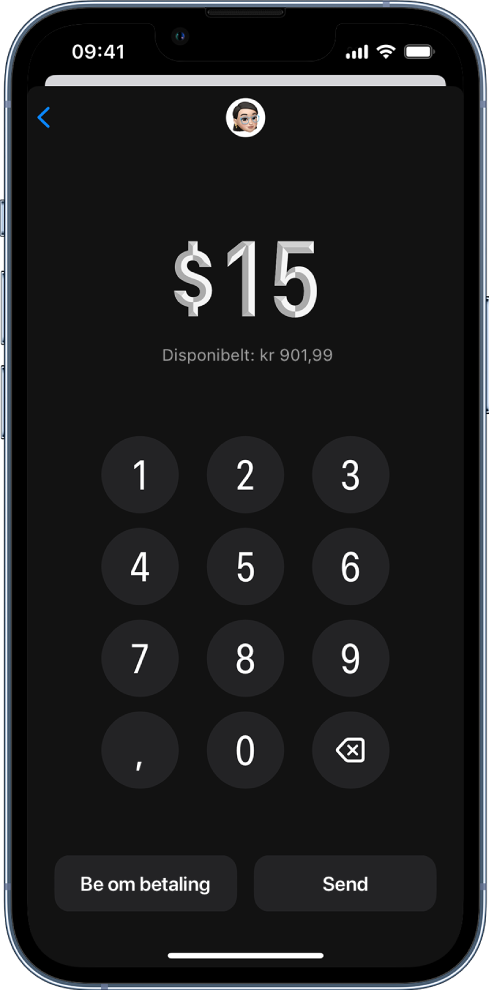 Et tastatur for å skrive inn beløpet, med knappene Be om betaling og Send nederst.