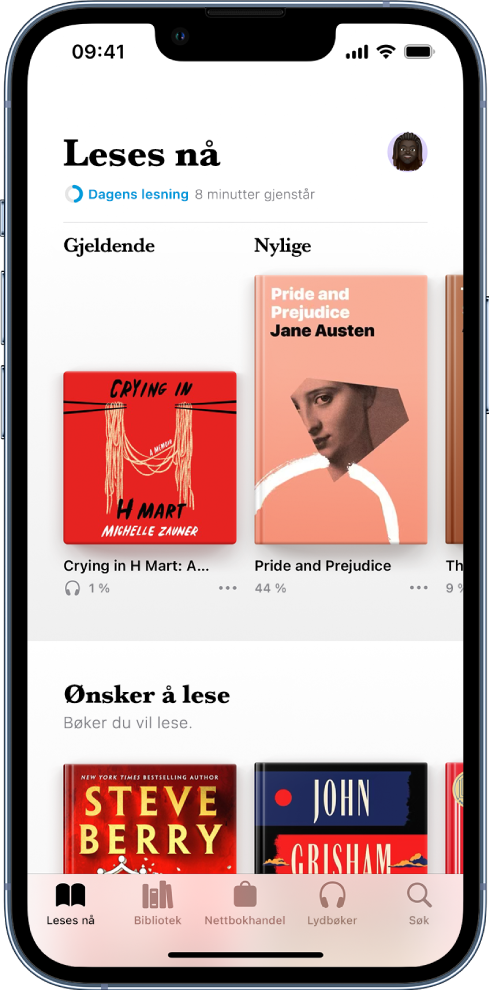 Leser nå-skjermen i Bøker-appen. Nederst på skjermen, fra venstre mot høyre vises fanene Leses nå, Bibliotek, Nettbokhandel, Lydbøker og Søk.